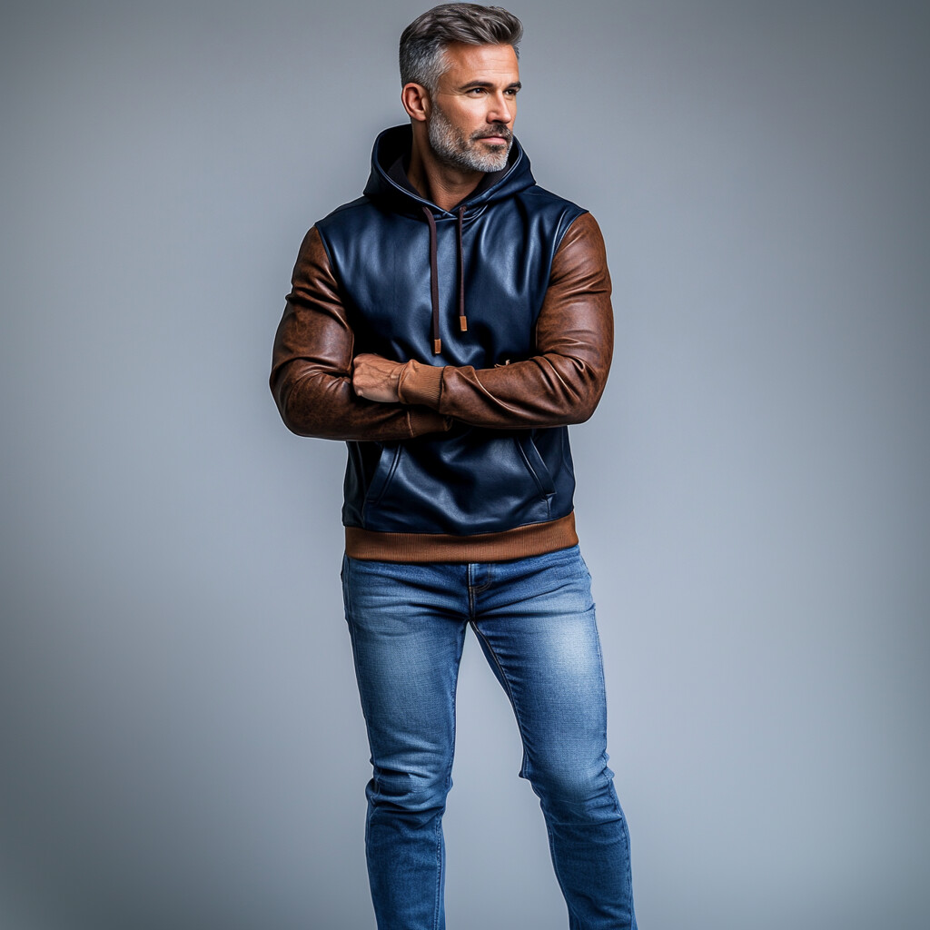 Men's PU Leather Two Tone Pocket Long Sleeve Drawstring Hoodie