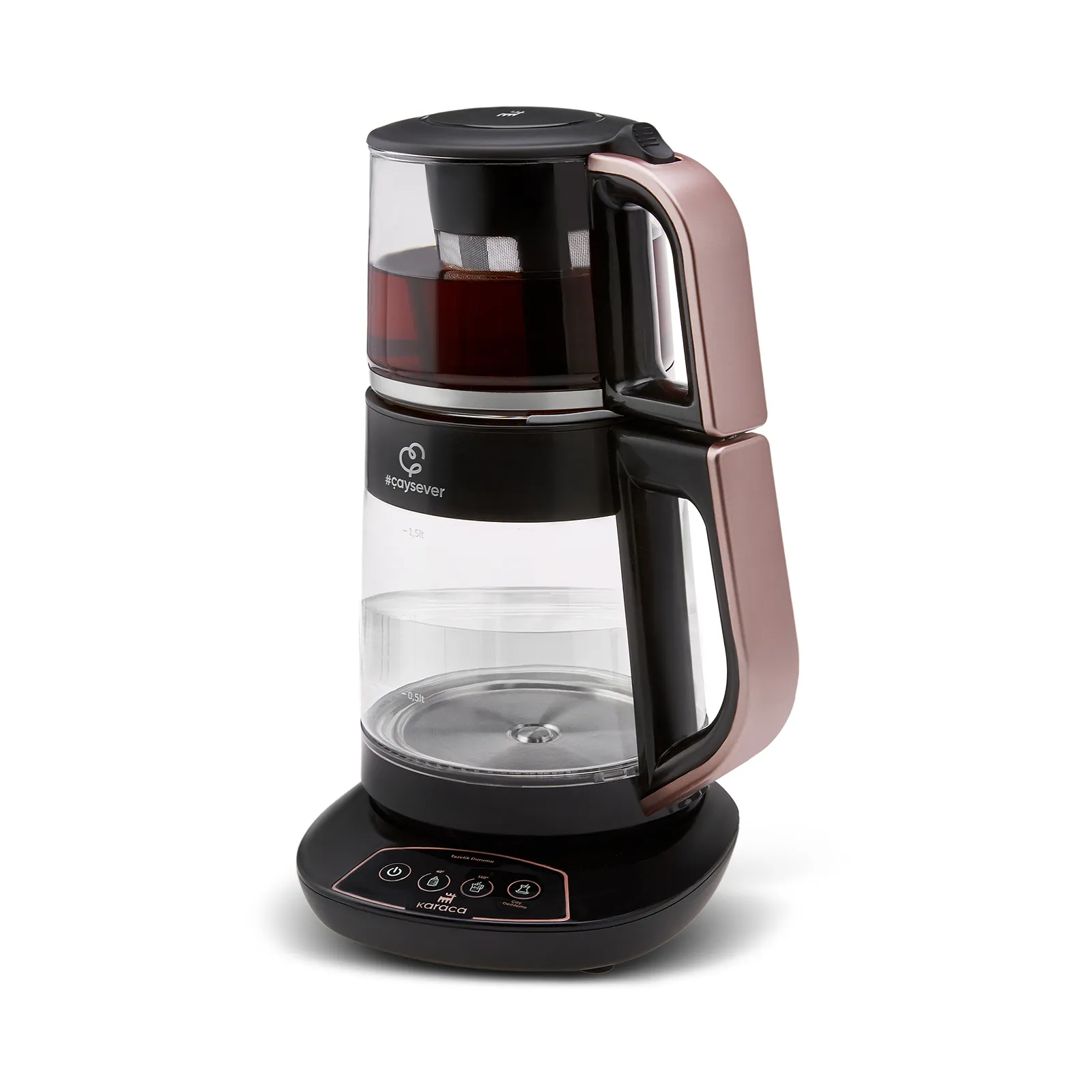 Théière avec bouilloire Karaca Caysever 3 en 1 automatique parlant, en verre, 1700W, couleur or rose