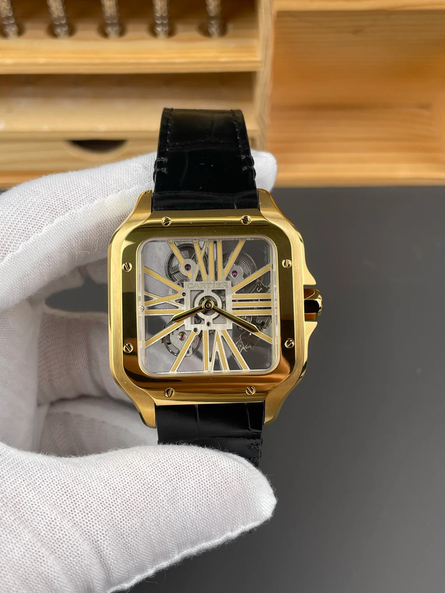 Santos Skeleton Series Leather Strap Gold Dial