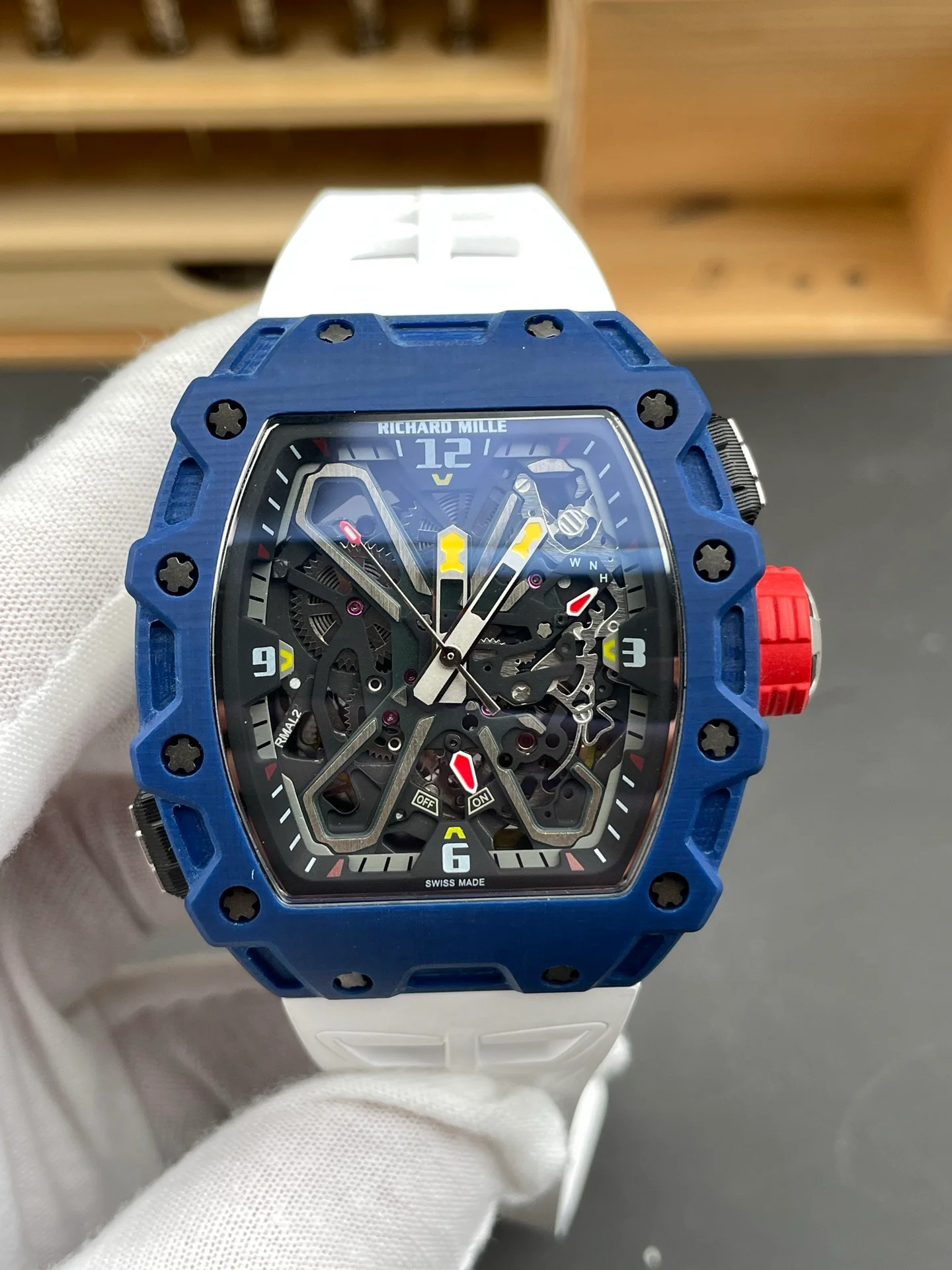 RM35-03 Carbon Fiber Blue Case White Strap