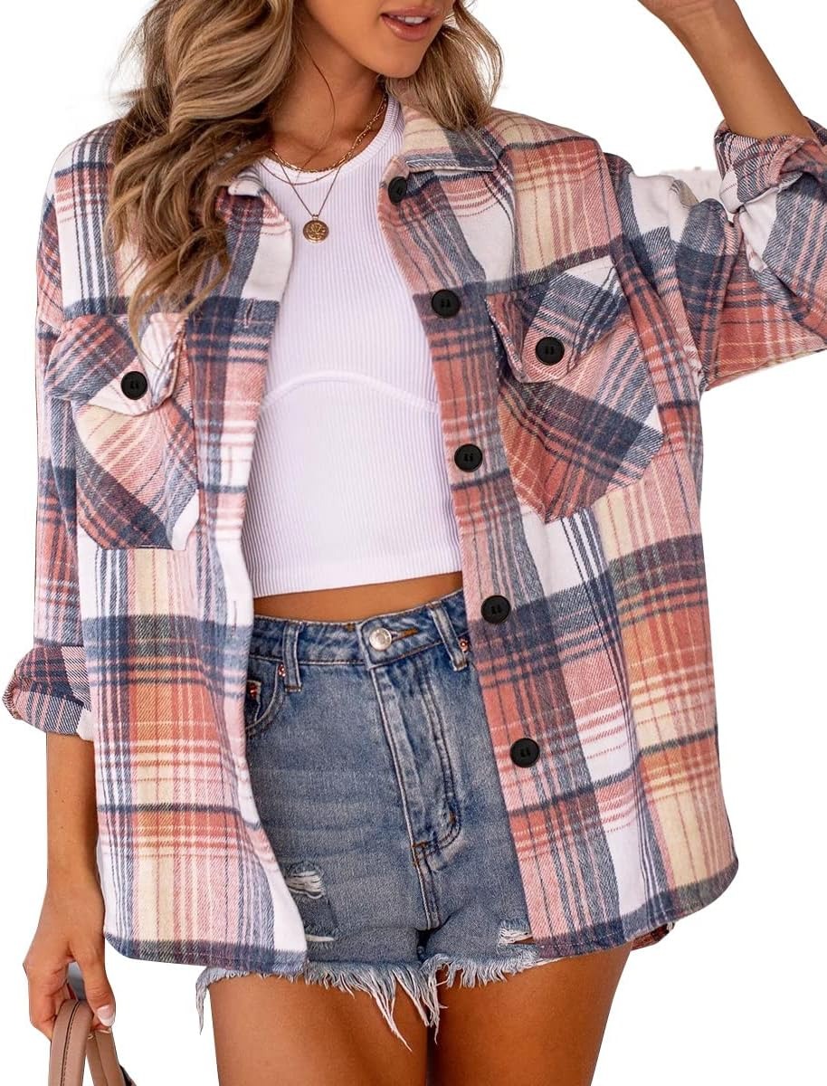 AUTOMET Womens Flannel Shackets Plaid Button Down Shirts Fall Winter Jackets Cute Tops Trendy Cowgirl Outfits Teen Sweaters