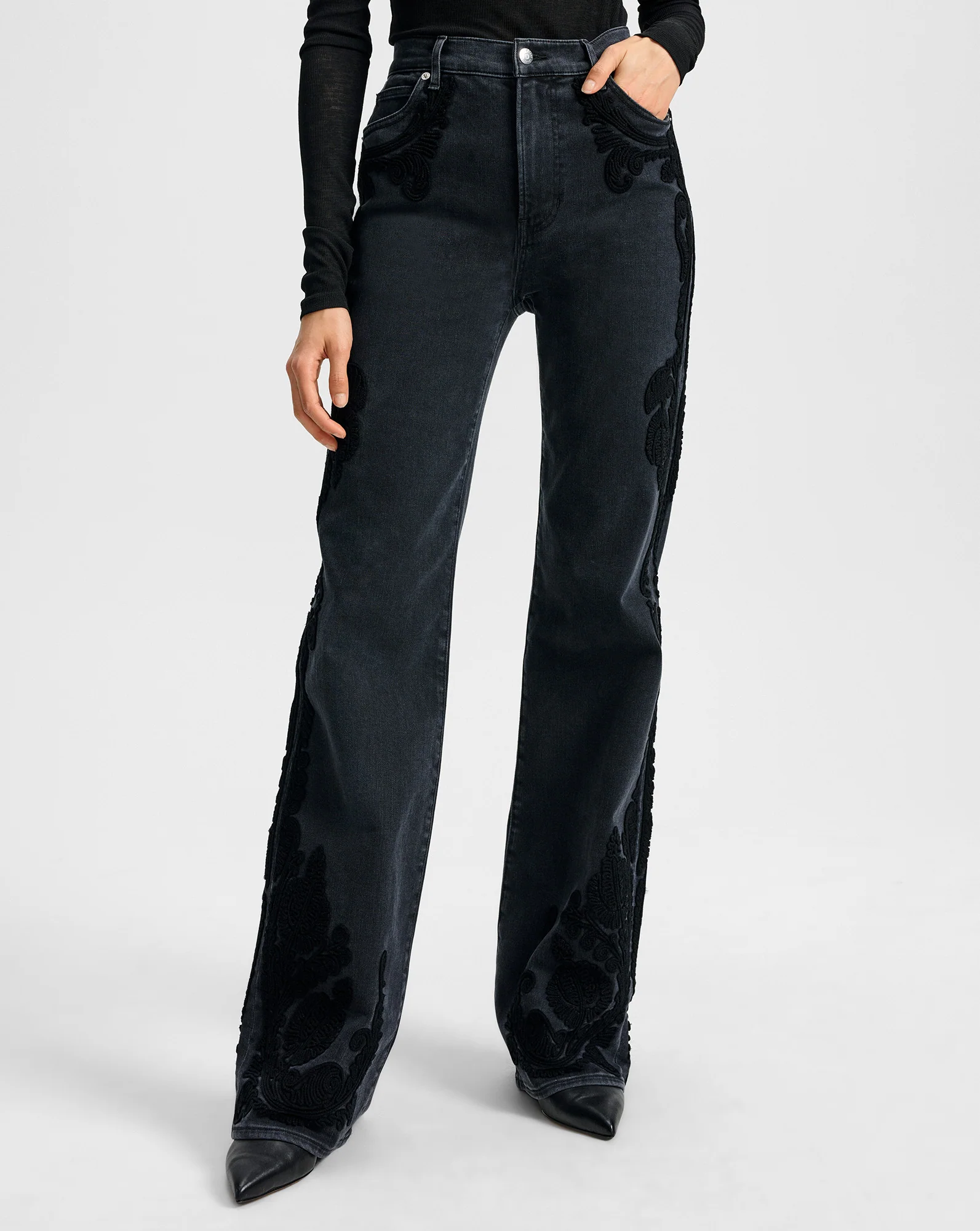 Crosbie Embroidered Slim Wide-Leg Jean
