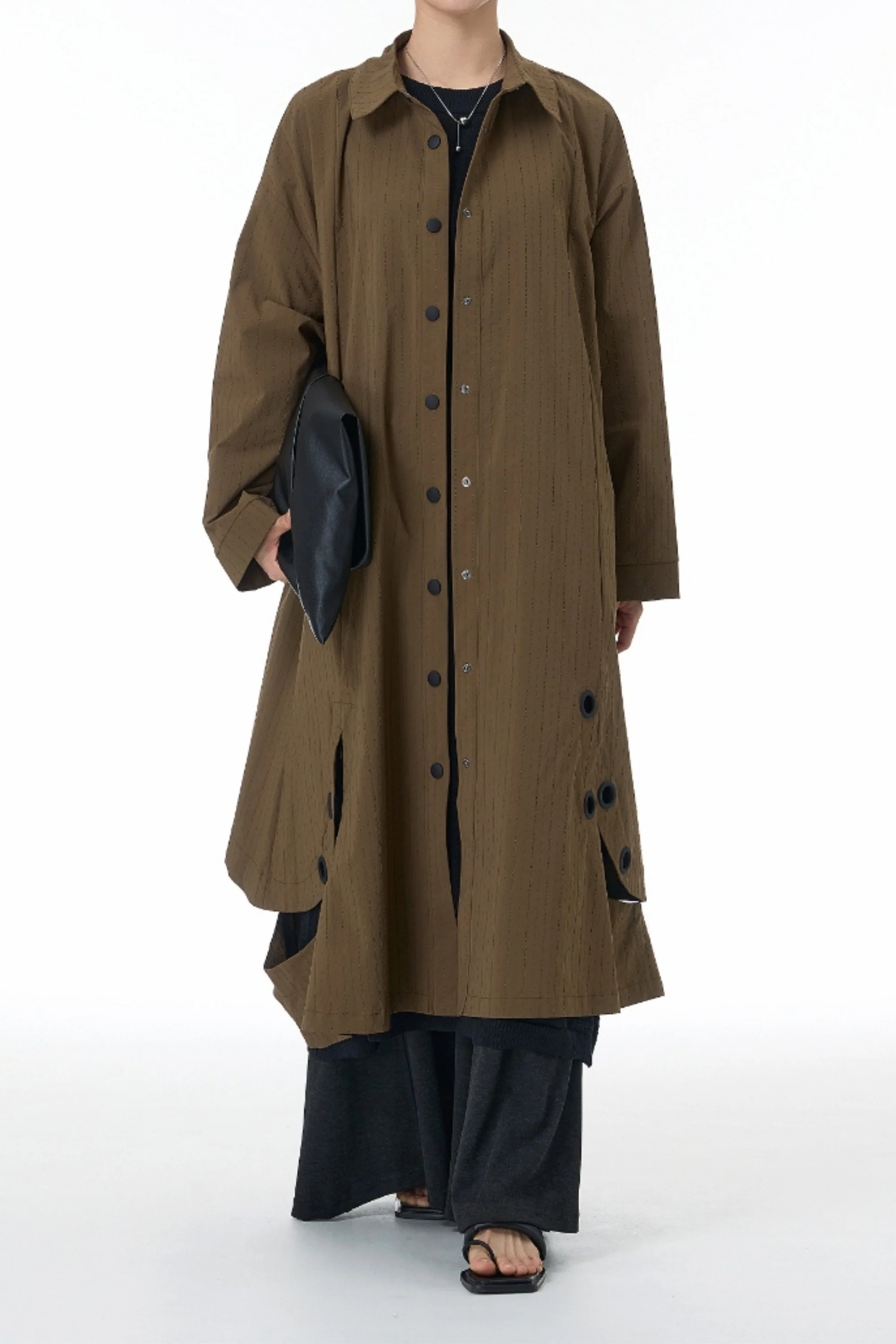 Brown Textured Eyelet Streetwear Trench Coat