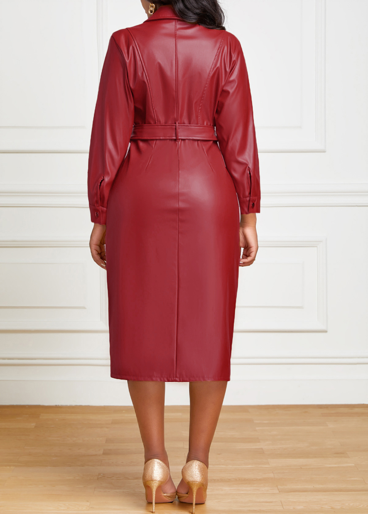 Belted Faux Leather Snap Button Dress
