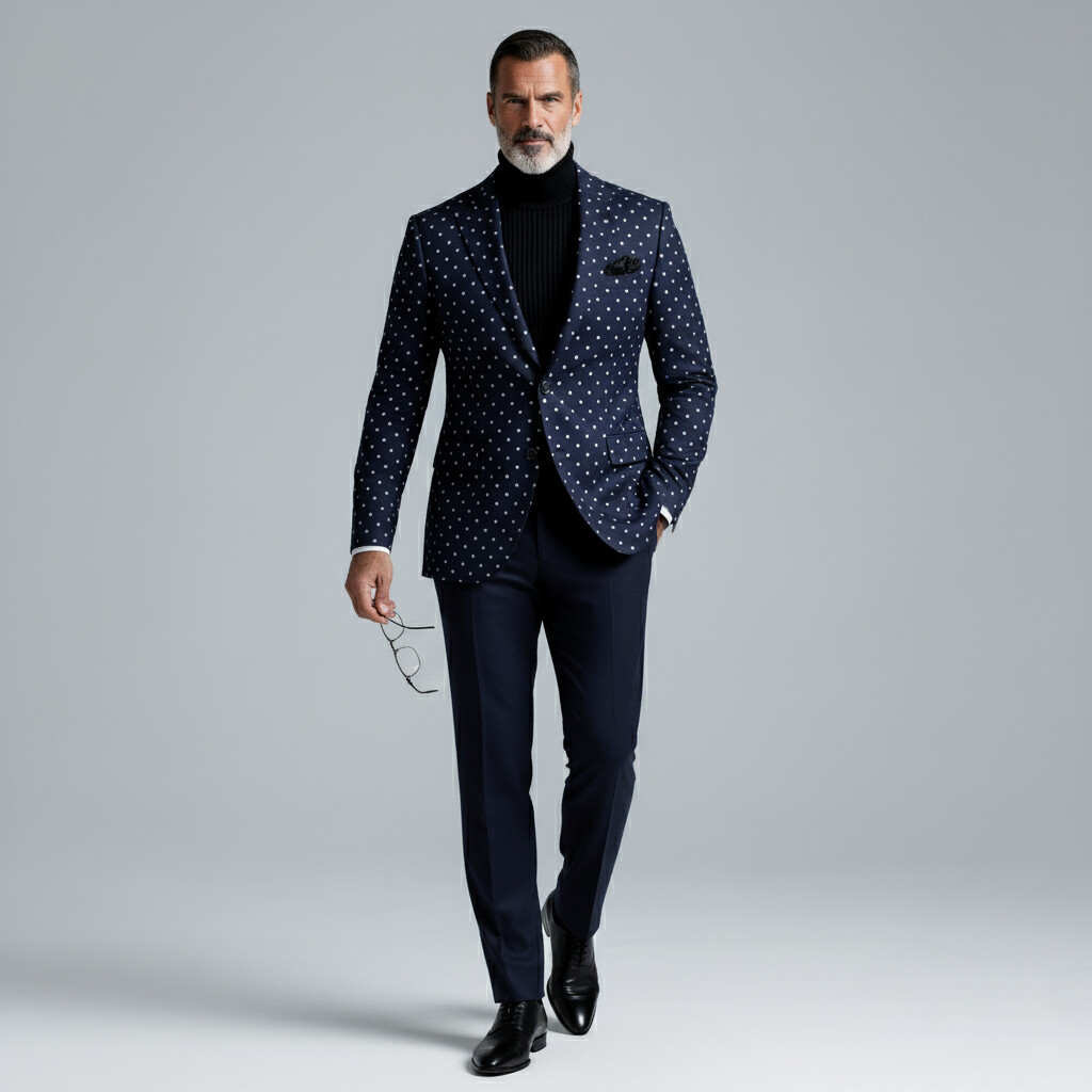 Men's Retro Navy Blue Polka Dot Lapel Button Long Sleeve Blazer & Suit Pants 2Pcs Set
