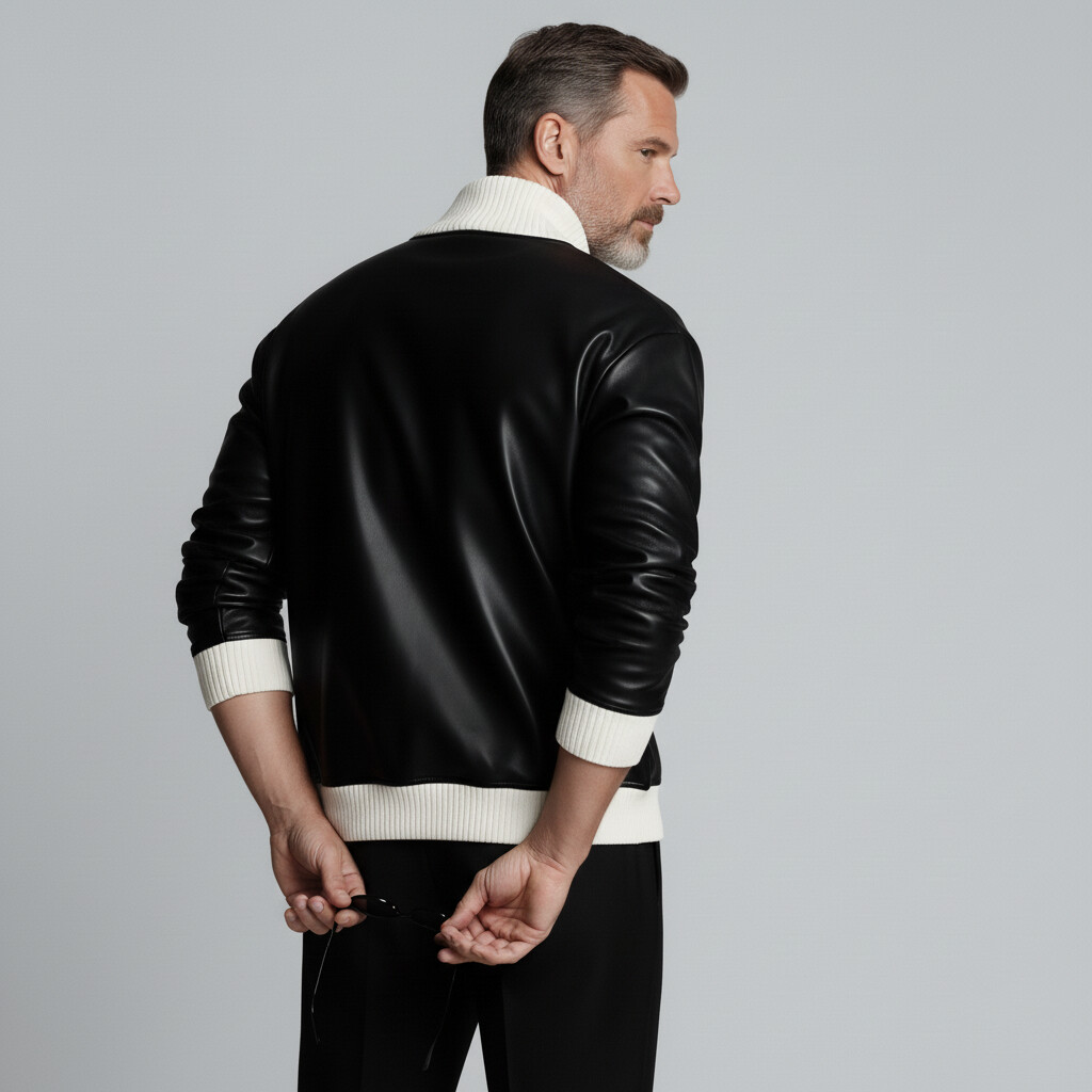 Men's Black Contrast Knit Shawl Collar Long Sleeve PU Leather Sweatshirt