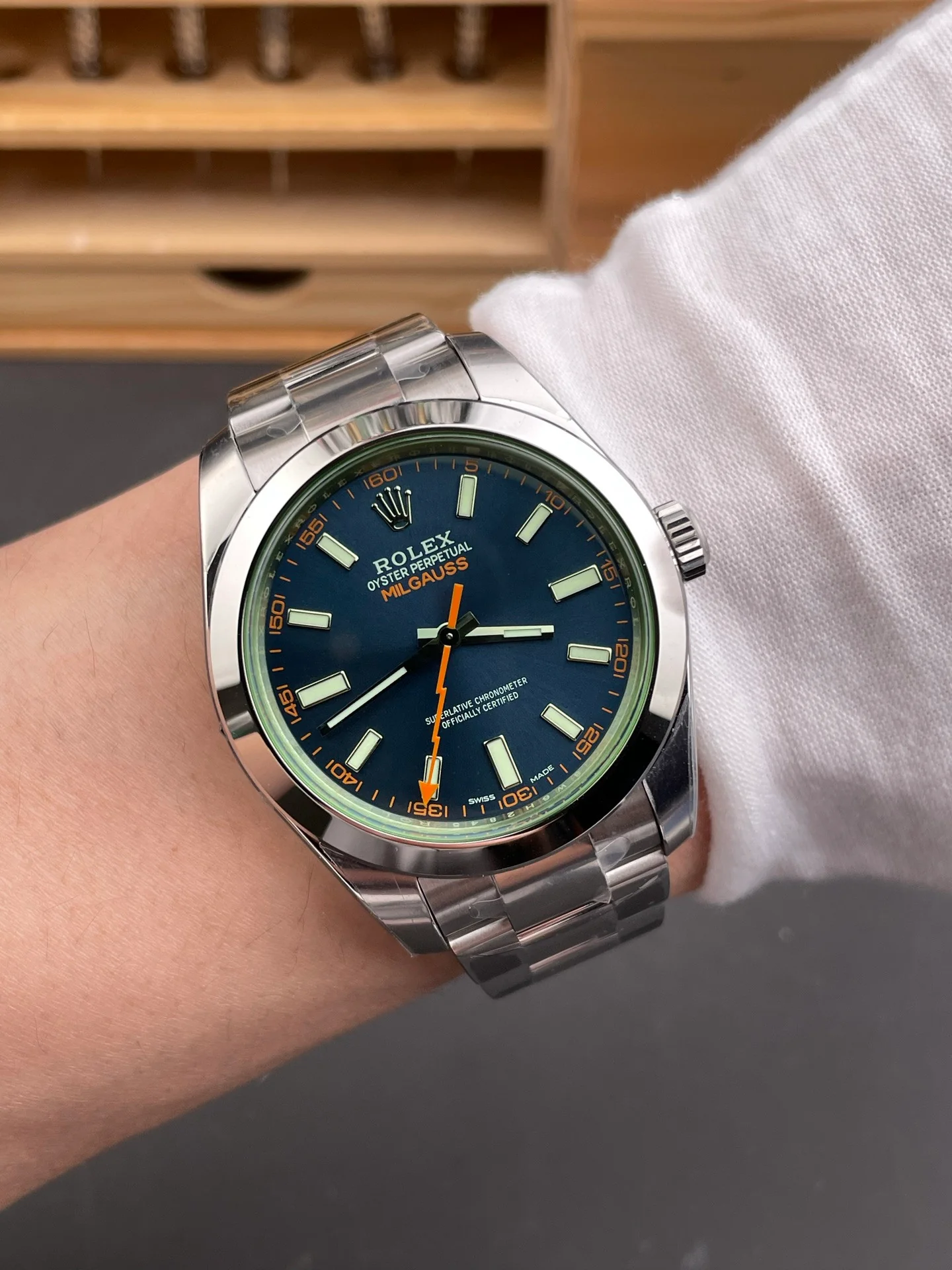 Green Glass Milgauss Blue Dial