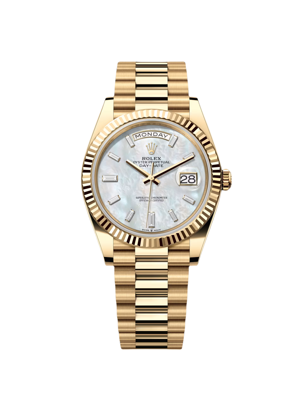 [2026 Mirror Grade]RLX Day-Date 40mm Yellow Gold President  Mother of Pearl Diamond Baguette Dial - 228238