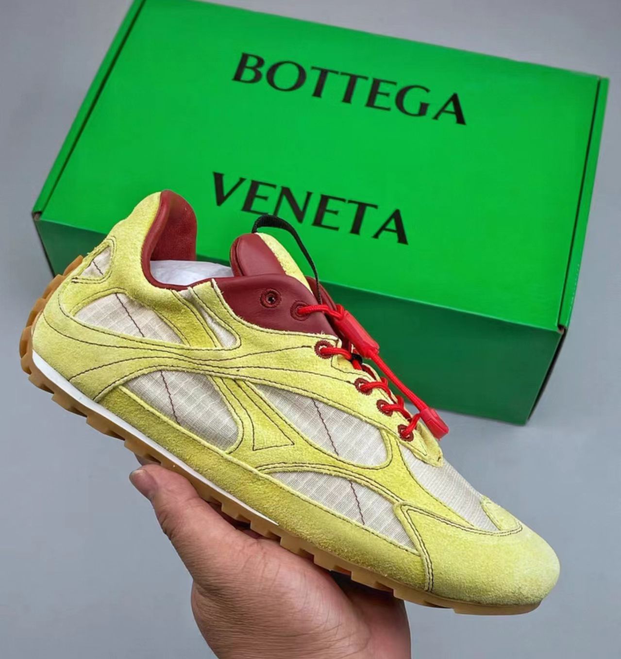 Bottega Veneta Orbit Flash Sneakers (Lemon Yellow/Dark Apple Candy Red)