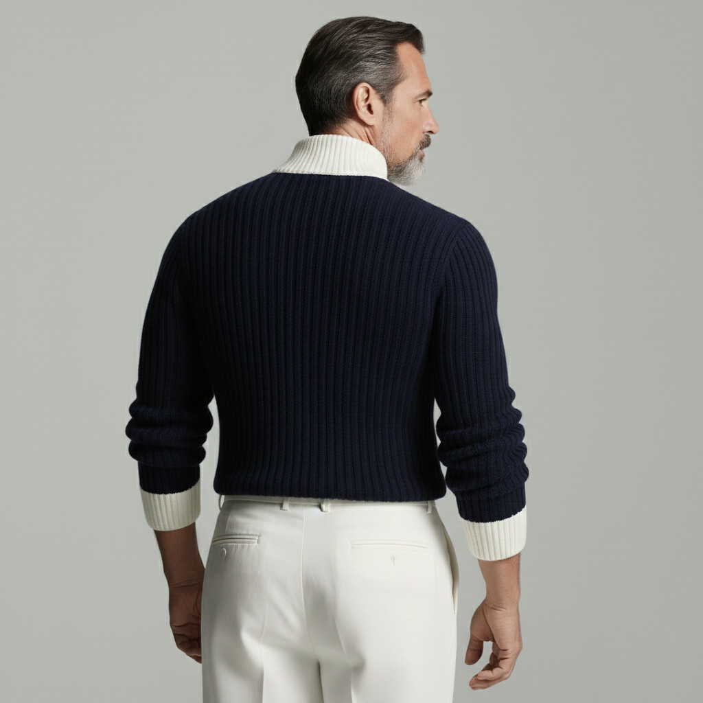 Men's Business Casual Contrast Color Stand Collar Half Button Long Sleeve Knit Sweaters