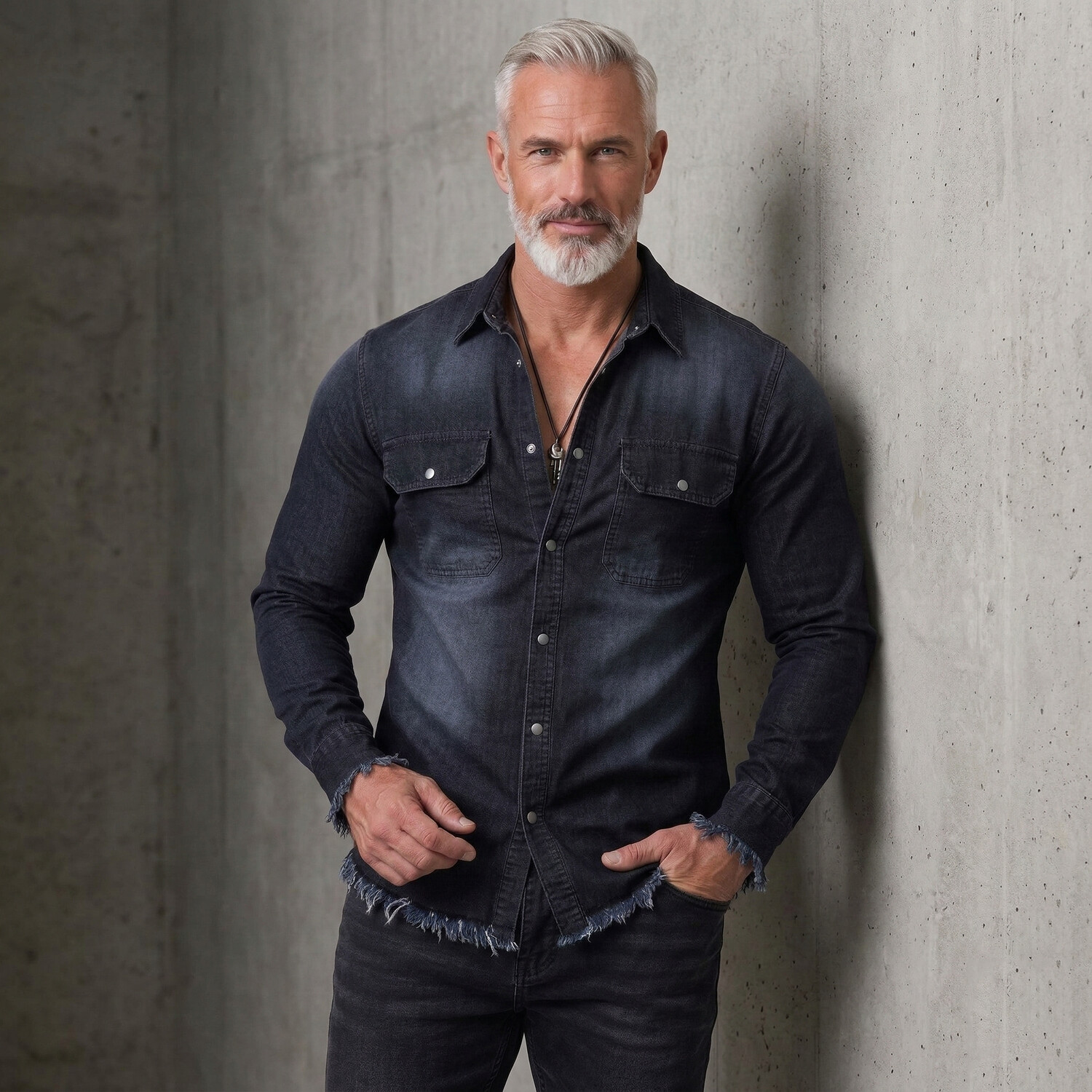 Men's Western Distressed Denim Raw Hem Single Breasted Long Sleeve Shirt