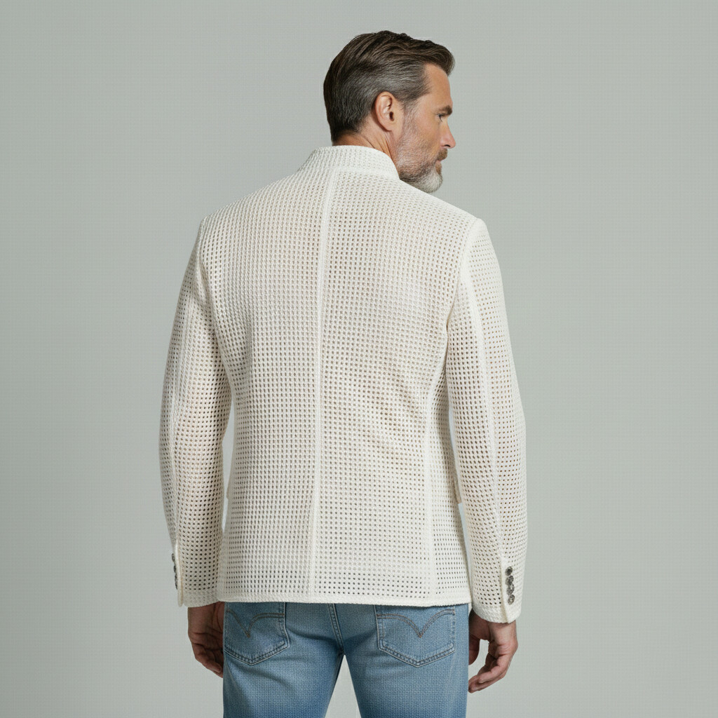 Men's White Stand Collar Single Breasted Long Sleeve Mesh Fabric Jacket