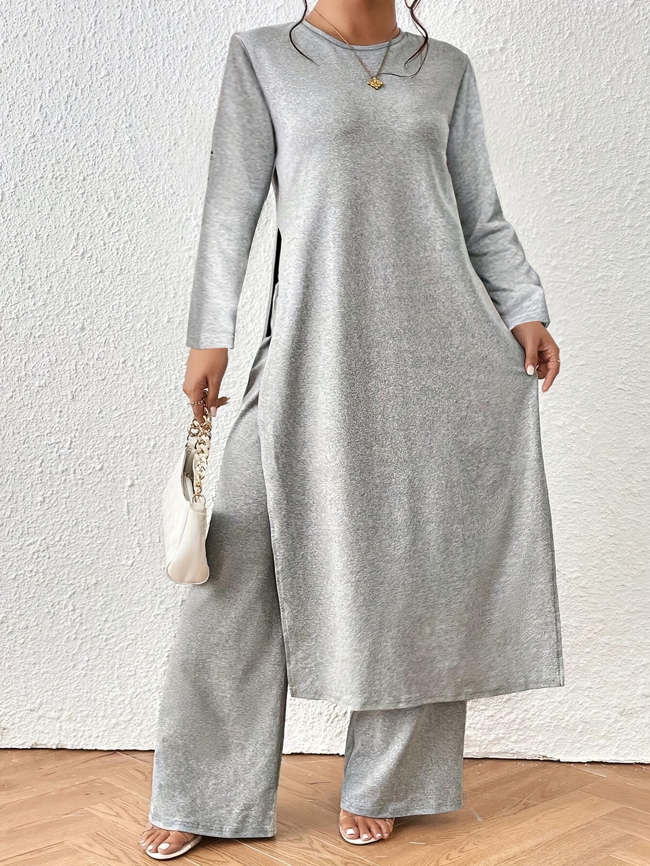Plus Size Solid Color Long Sleeve Crew Neck Longline Top & Straight Leg Pants Set, Elegant Outfits