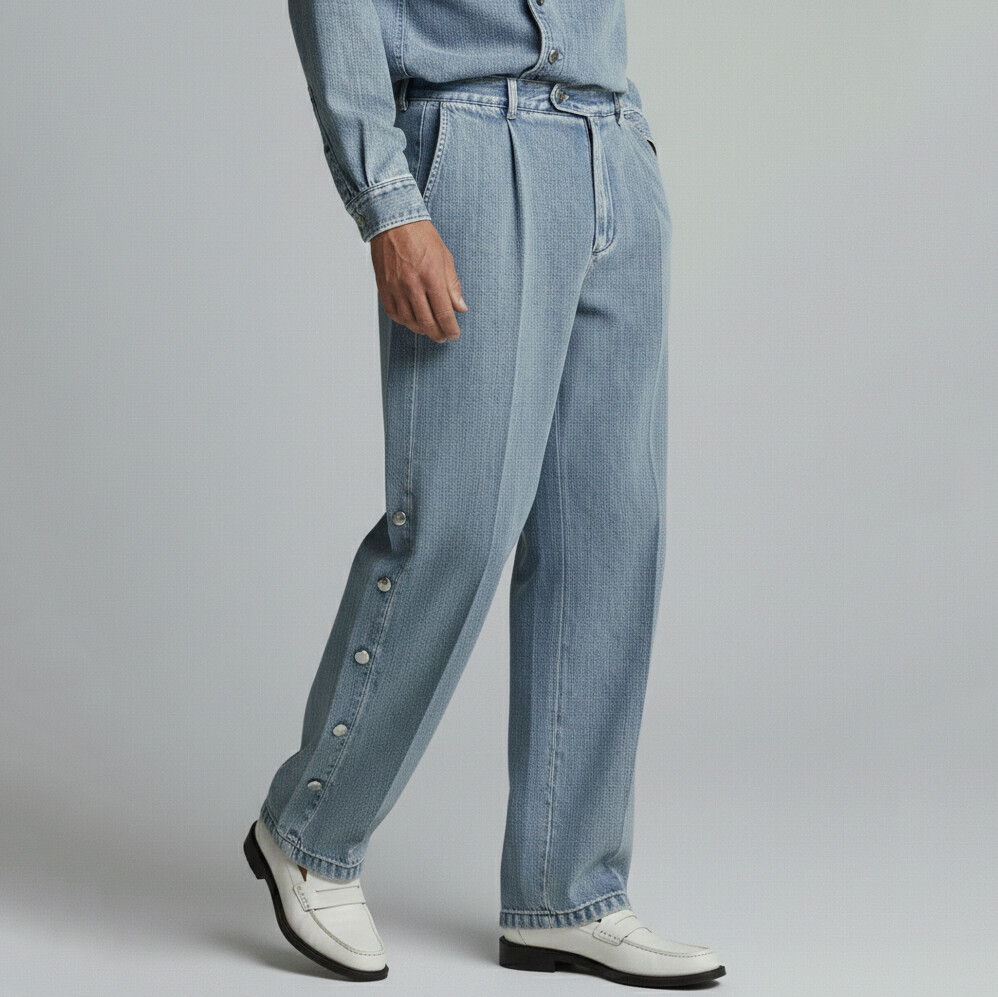 Men's Washed Denim Pocket Side Single Breasted Buttons Decor Straight Leg Jeans