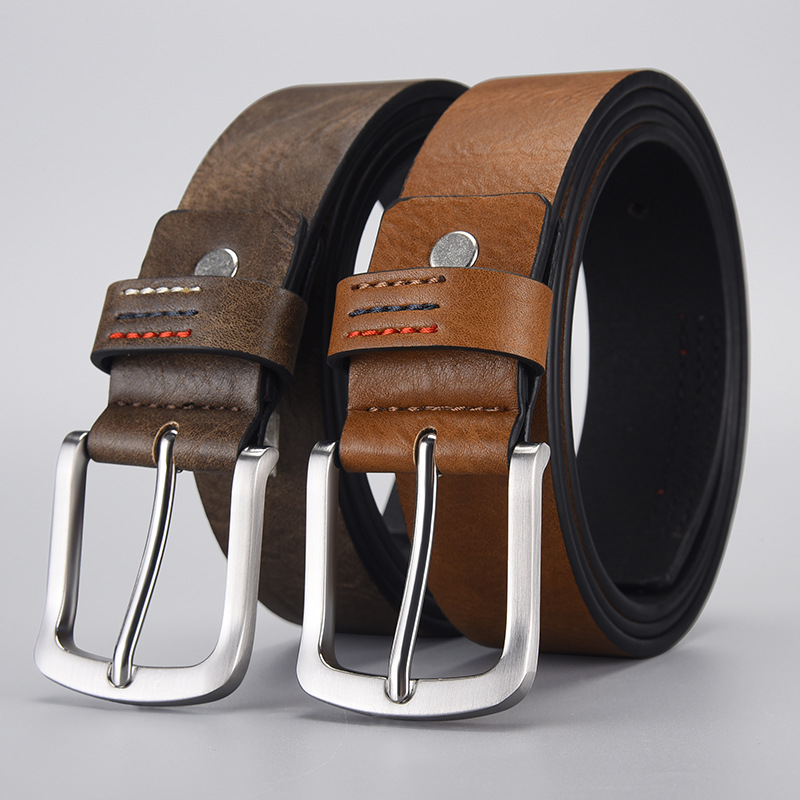 Men's Retro Silver Buckle Contrast Stitching Textured PU Leather Belt