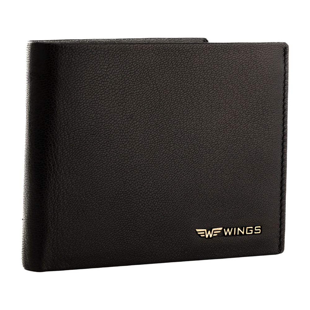 WINGS Portfel męski ze skóry koziej Wings, 11 x 13 x 2 cm, RFID, z kieszenią na monety, czarny