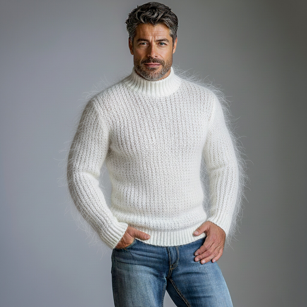 Men's White Mock Neck Long Sleeve Fuzzy Knit Sweater