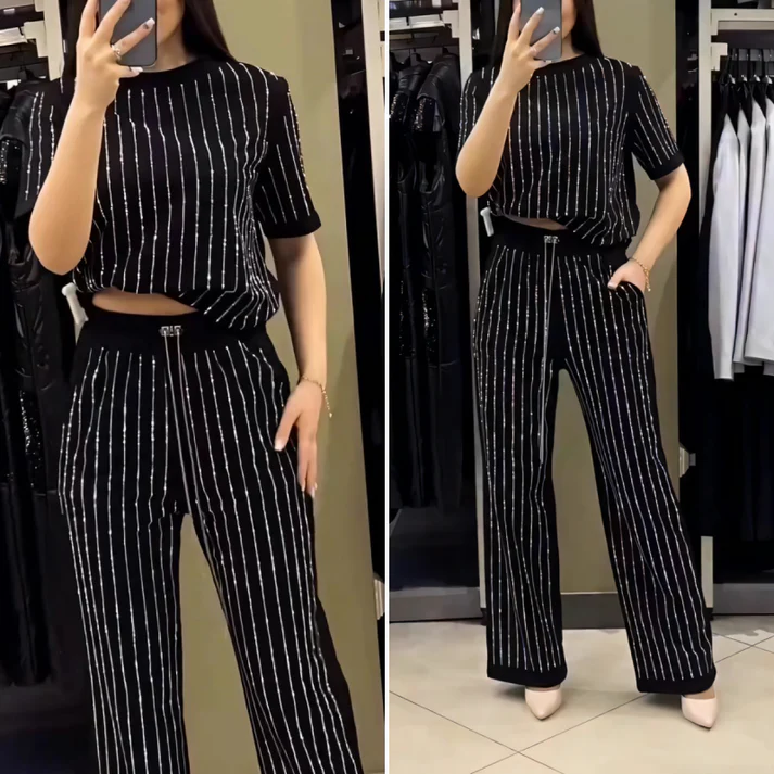 Limited Time Discount Fashion 💖Women's Sparkling Rhinestone Striped Knit Two-Piece Set