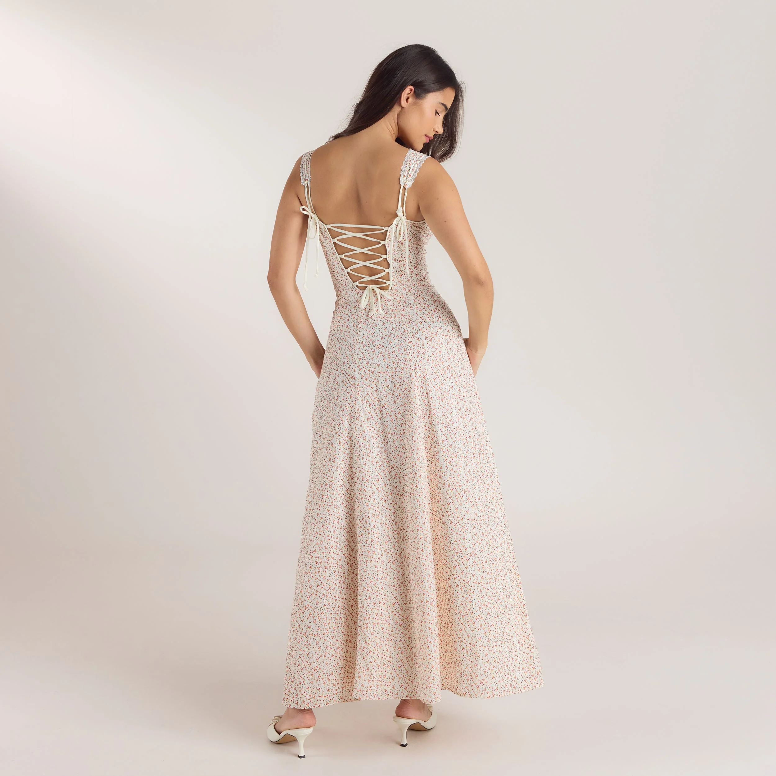Corset Back Maxi Dress - Cream Floral
