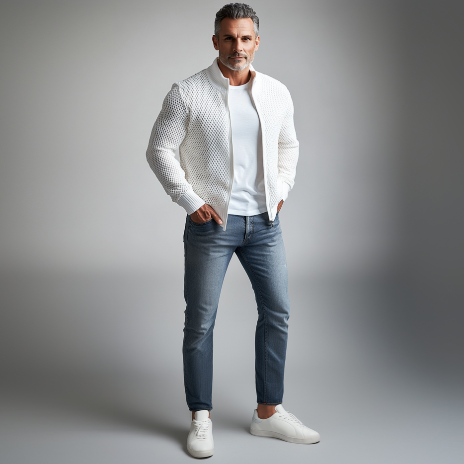 Men's Stand Collar Long Sleeve Hollow Out Knitted Zip Up Jacket