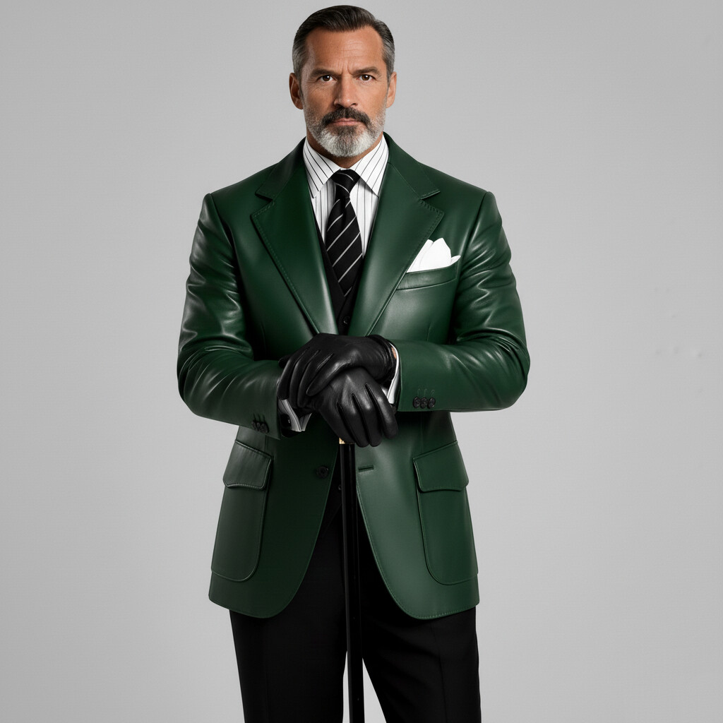 Men's Dark Green PU Leather Notched Lapel Single Breasted Flap Pockets Long Sleeve Blazer