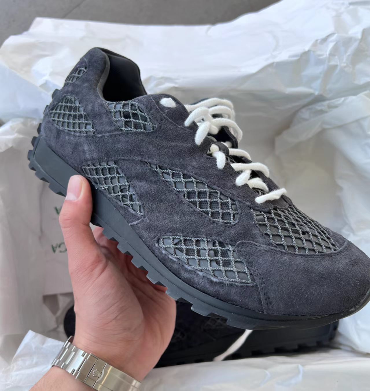 Bottega Veneta Orbit Sneakers in Dark Blue Suede/Mesh