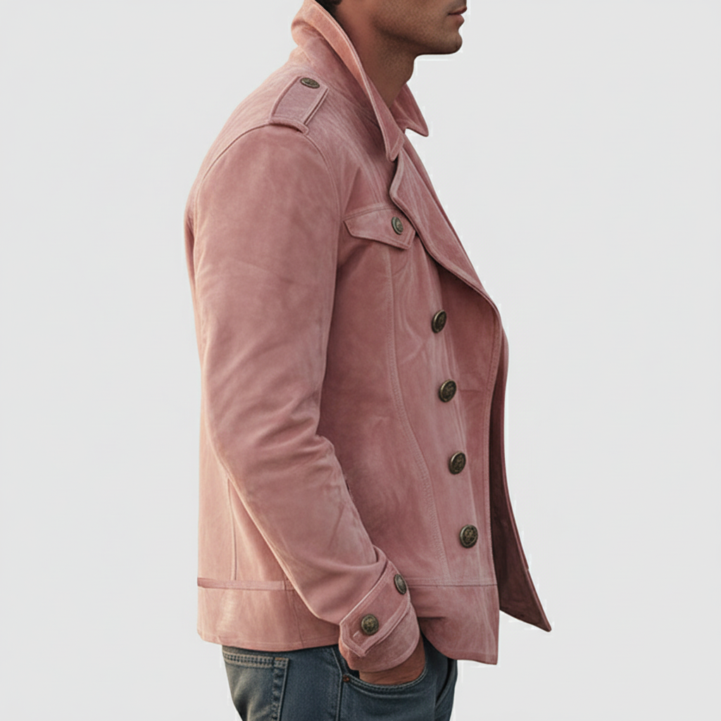 Men's Brown Lapel Collar Double Breasted Long Sleeve Suede Jackets