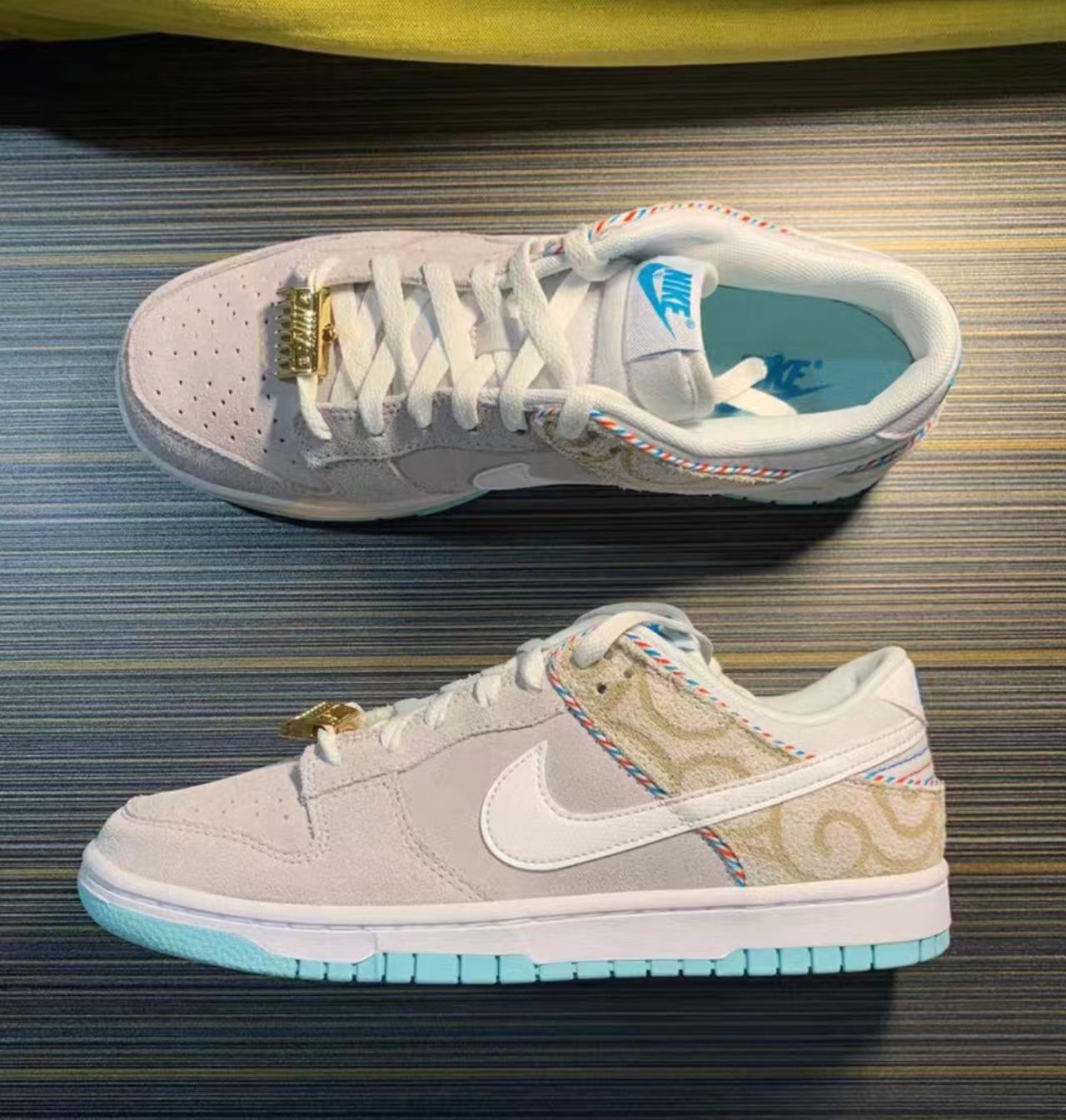 Nike Dunk Low Grey Suede Gold Swirl Pattern Turquoise Outsole