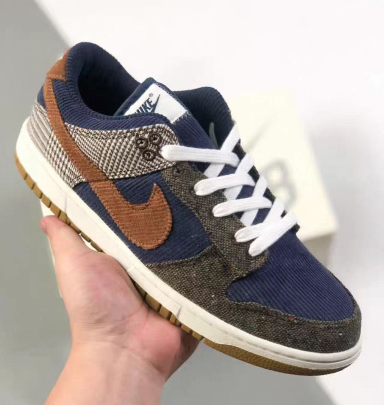 Nike Dunk Low Navy Corduroy Plaid Brown Suede Swoosh Gum Outsole