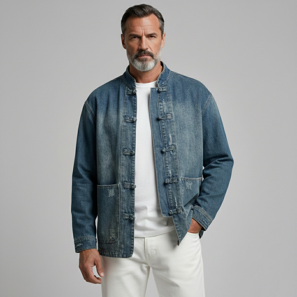 Men's Retro Denim Stand Collar Pocket Frog Closures Long Sleeve Jacket