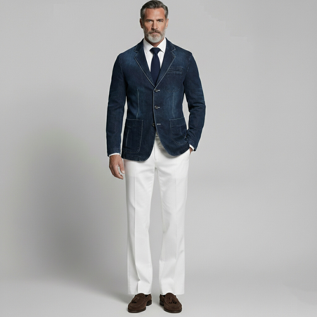 Men's Business Casual Denim Notched Lapel Single Breasted Pocket Long Sleeve Blazer