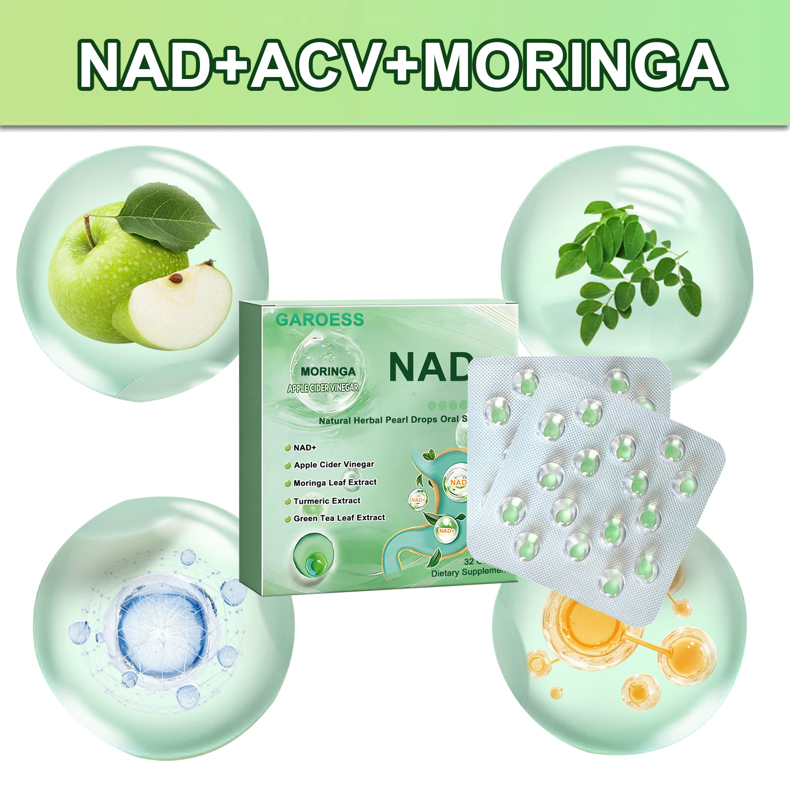 High-Potency Concentrated NAD+ACV Health Oral Liquid Pearl - New edible forms, Easily absorbed,  Rich in NAD, Moringa, Apple Cider Vinegar, Green Tea, and Mint Extract. Compact and Portable for Effortless Daily Nutrition.