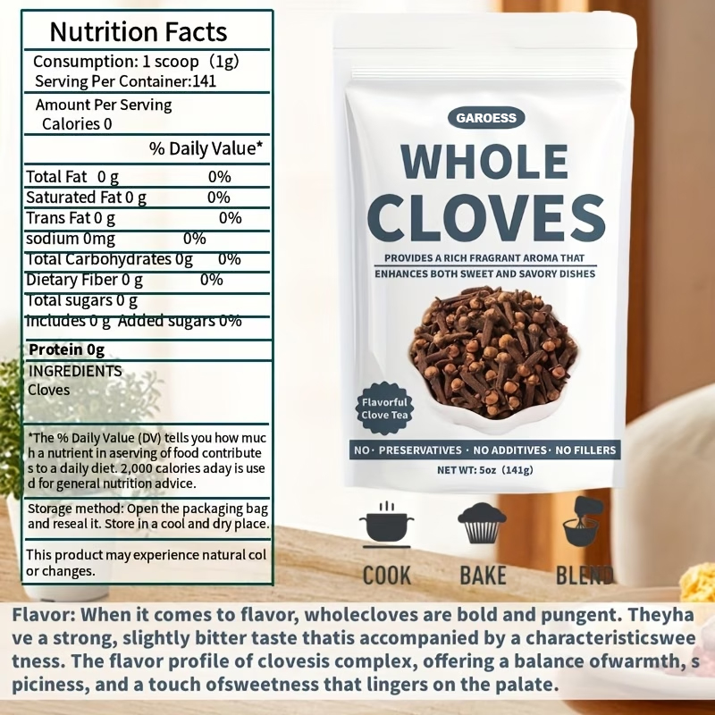 5 ounces (141g) whole cloves – a natural, hypoallergenic cooking and baking spice free from preservatives with a two-year shelf life. A versatile staple for the kitchen, offering a pure, natural culinary choice.