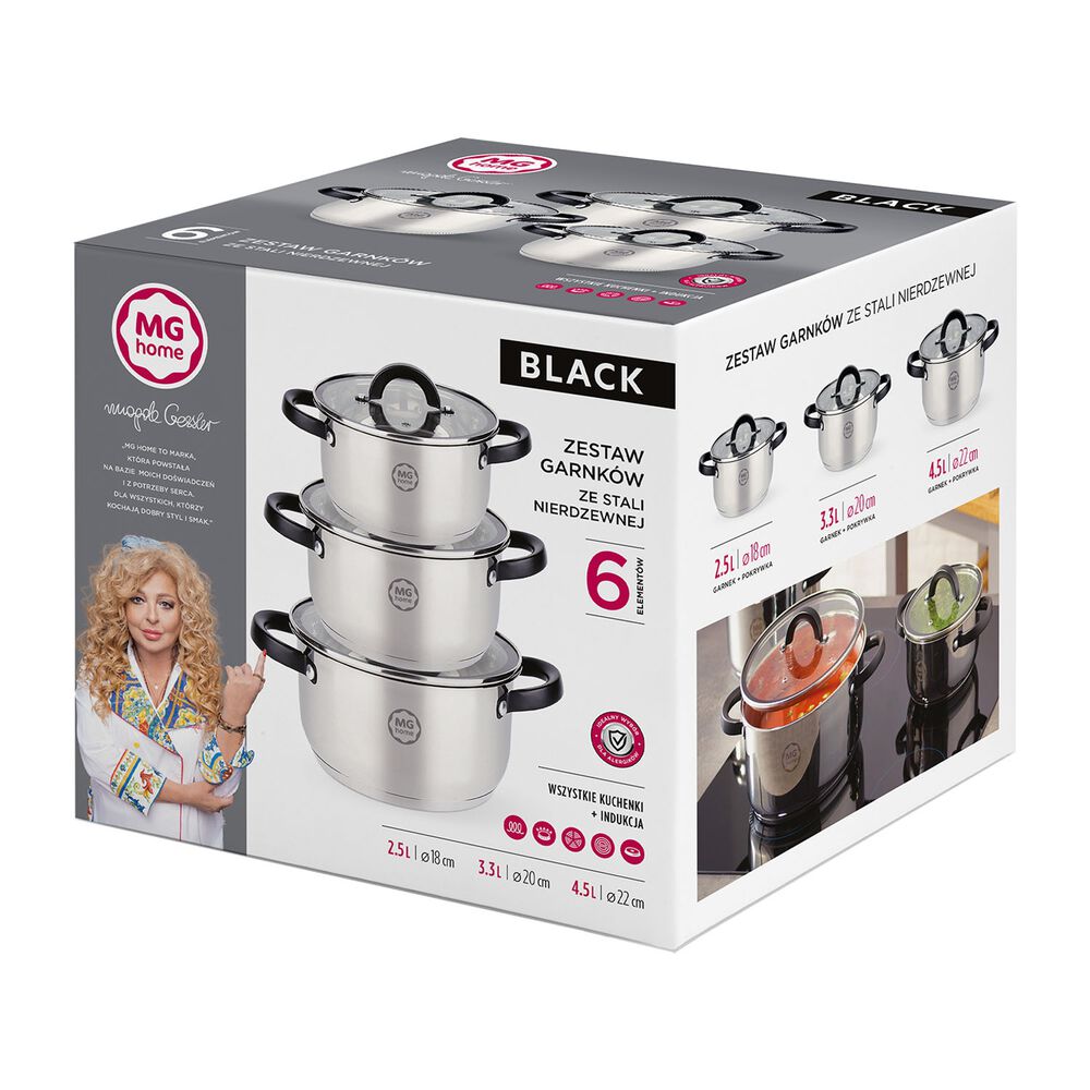 MG HOME Zestaw garnków MG Home Black, 6 elementów, stal nierdzewna