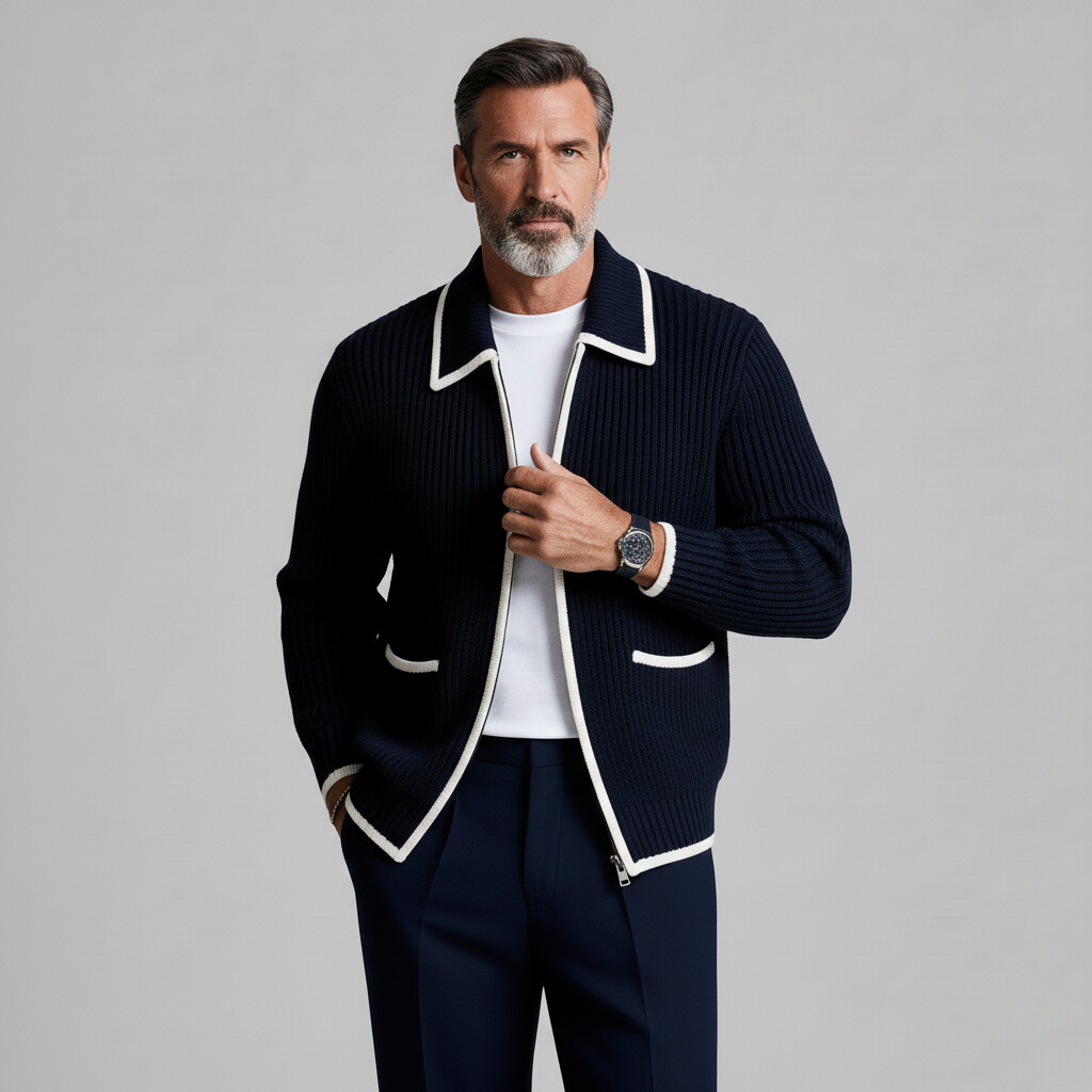 Men's Navy Blue Ribbed Knit Contrast Binding Shirt Collar Patch Pockets Long Sleeve Zip-Up Jacket