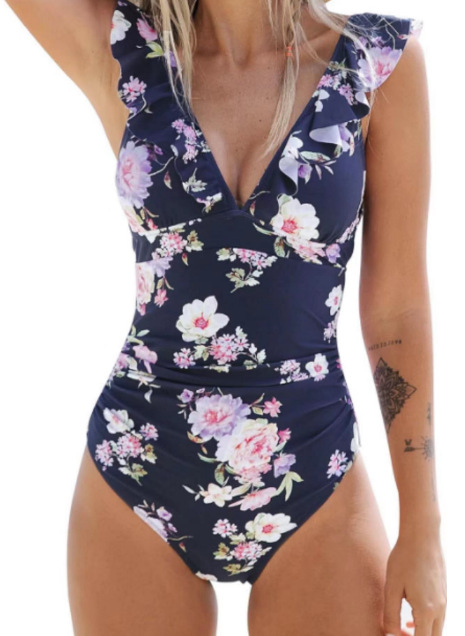 Women's Ruffled One Piece Swimsuit V Neck Lace Up