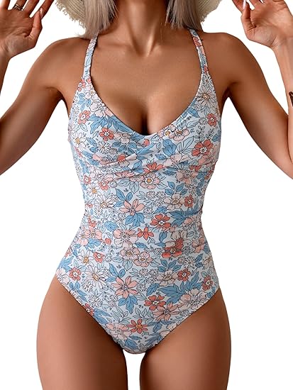 Women's One Piece Swimsuits Tummy Control Front Cross Bathing Suits Tie Back Slimming V Neck Swimwear