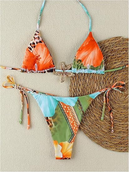 Women's High Cut Thong Leopard Bikini Set Triangle Halter Top String Bathing Suit Swimsuit