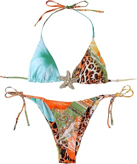 Women's High Cut Thong Leopard Bikini Set Triangle Halter Top String Bathing Suit Swimsuit