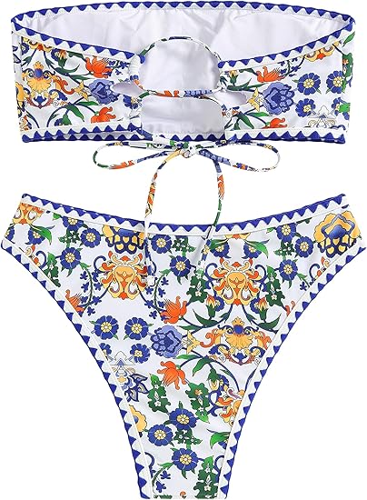 Women Strapless Textured Bandeau Bikini 2 Piece Swimwear Cheeky Solid Lace up Bathing Suits