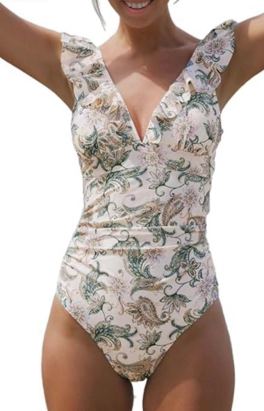 Women's Ruffled One Piece Swimsuit V Neck Lace Up