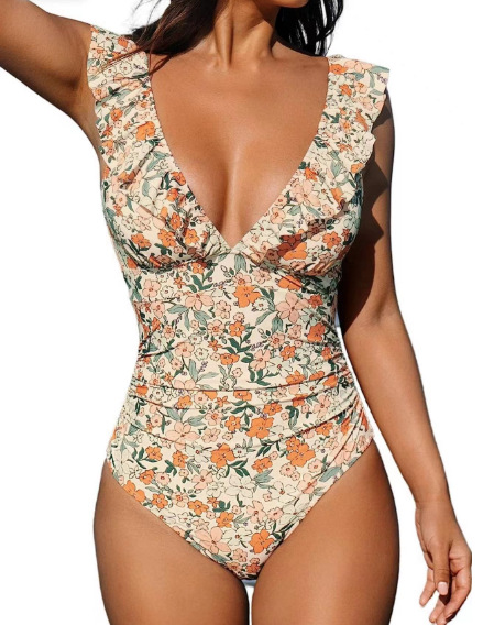 Women's Ruffled One Piece Swimsuit V Neck Lace Up