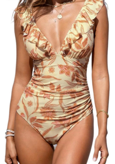 Women's Ruffled One Piece Swimsuit V Neck Lace Up
