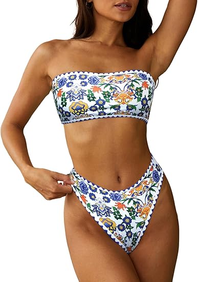 Women Strapless Textured Bandeau Bikini 2 Piece Swimwear Cheeky Solid Lace up Bathing Suits
