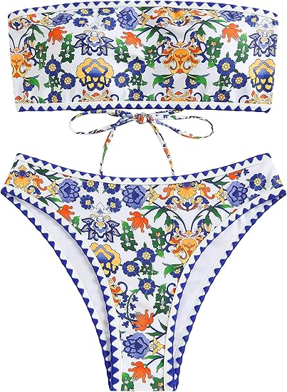 Women Strapless Textured Bandeau Bikini 2 Piece Swimwear Cheeky Solid Lace up Bathing Suits
