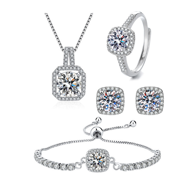🔥HOT SALE 50% OFF🔥👑 4-in-1 Moissanite Sparkle Set – Square-Cut Necklace, Earrings, Ring & Bracelet Combo💎