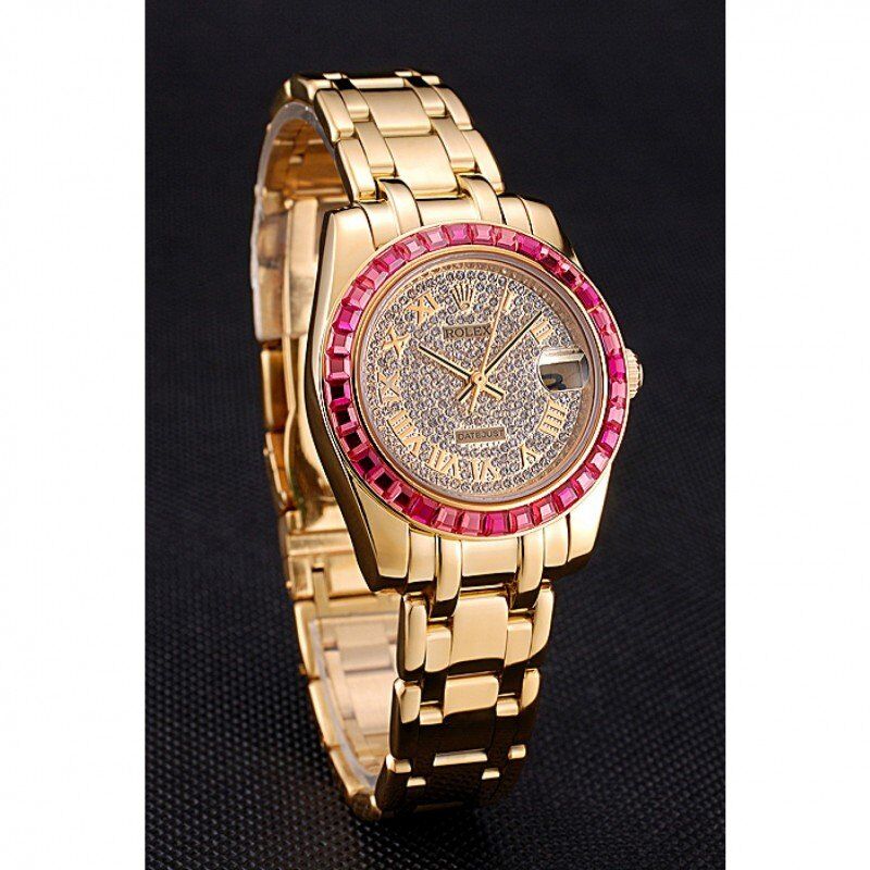 Rolex Datejust Diamond Dial Pink Jewels Bezel Gold Case And Bracelet 622835