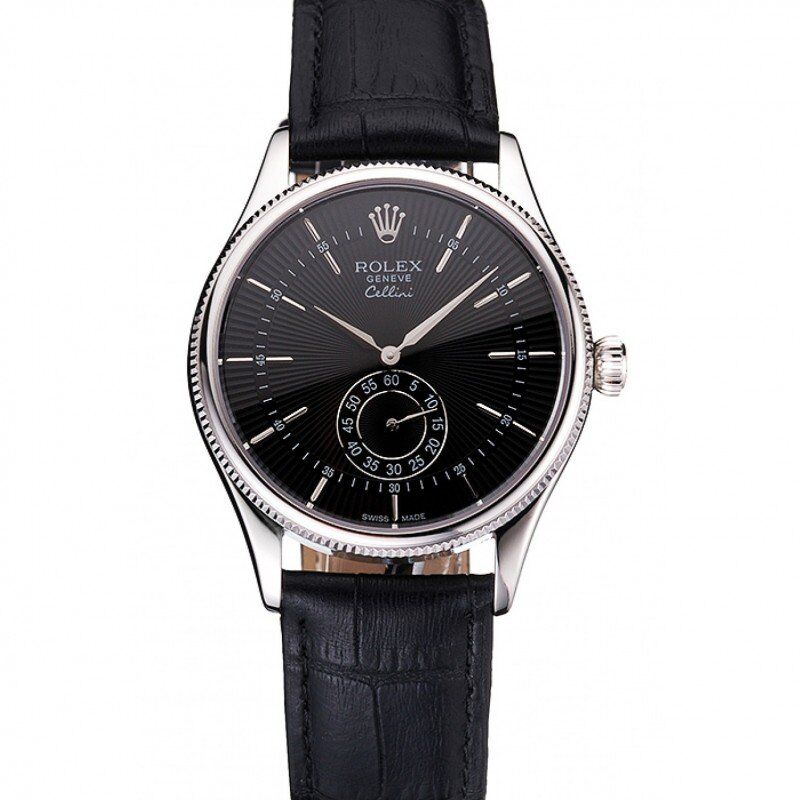 Swiss Rolex Cellini Black Dial Stainless Steel Case Black Leather Strap