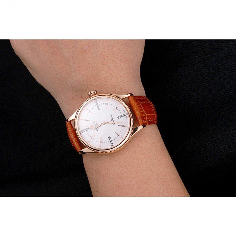 Swiss Rolex Cellini White Dial Roman Numerals Rose Gold Case Light Brown Leather Strap