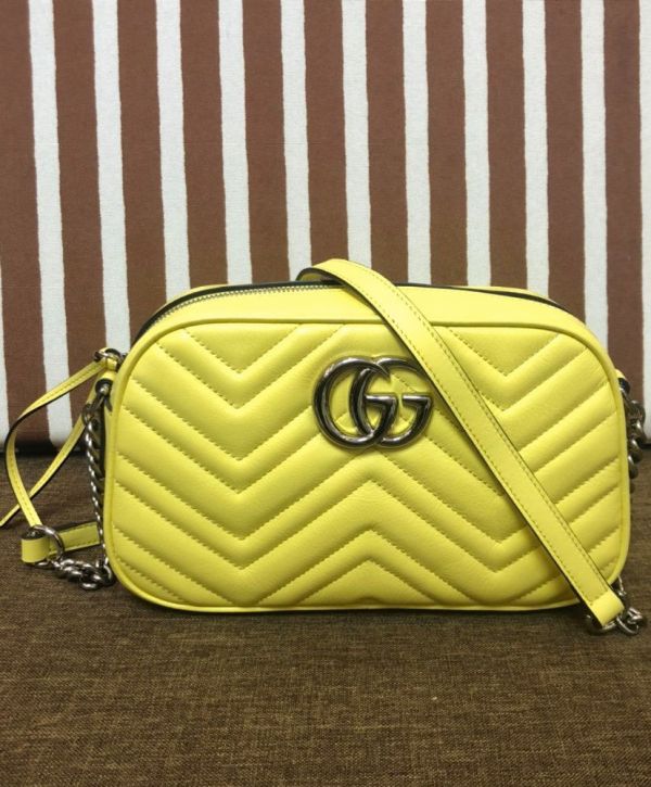 Gucci GG Marmont Chevron Design Silver GG Logo Signature Lemon Yellow Quilted Leather Small Chain Shoulder Bag Ladies New